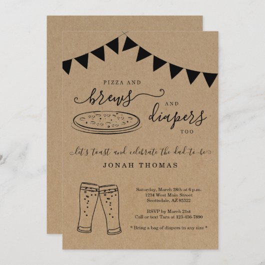 Pizza en diapers te Mannen en Baby shower Kaart (Voorkant / Achterkant)