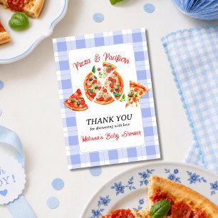Pizza en Fopspenen Blauwe Gingham Jongens Baby Sho Bedankkaart