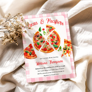 Pizza en fopspenen Roze Plaid Baby shower Party Kaart