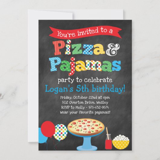 Pizza en Pajamas Party Chalkboard Invitation Kaart (Voorkant)