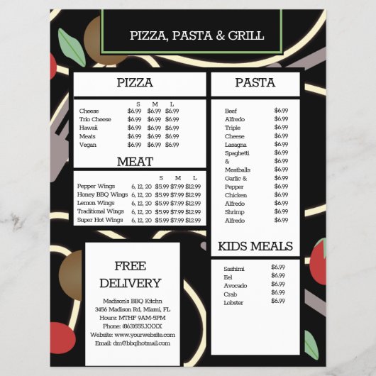 Pizza en Pasta Grill Restaurant Spaghetti Menu (Voorkant)