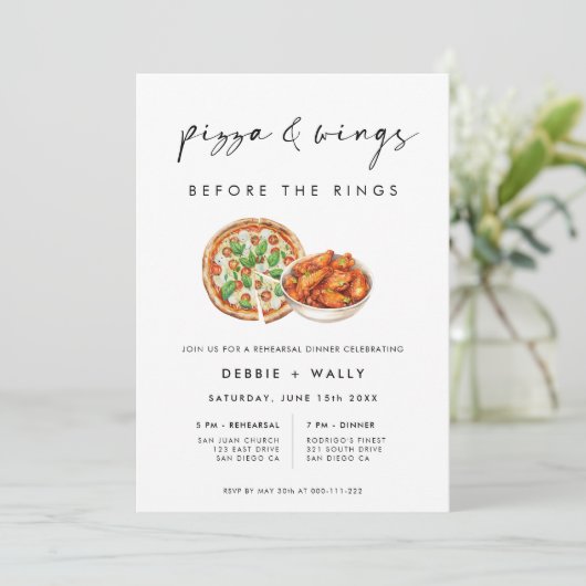 Pizza en vleugels voor het repetitie diner kaart (Staand voorkant)