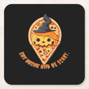 Pizza Feest Halloween Pompoen Heksenhoed Essentiee Vierkante Kartonnen Onderzetter