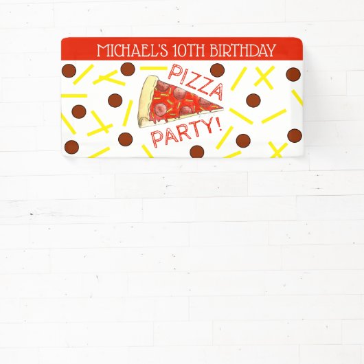 PIZZA FEEST! Pepperoni Cheese Pie Slice Verjaardag Spandoek (Insitu)