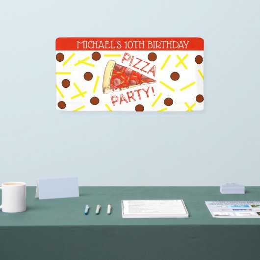 PIZZA FEEST! Pepperoni Cheese Pie Slice Verjaardag Spandoek (Beurs)