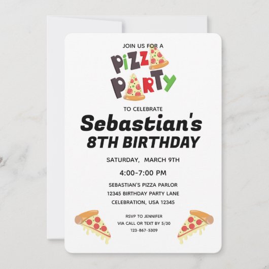 Pizza fête Invitation d'anniversaire pour une fill (Devant)