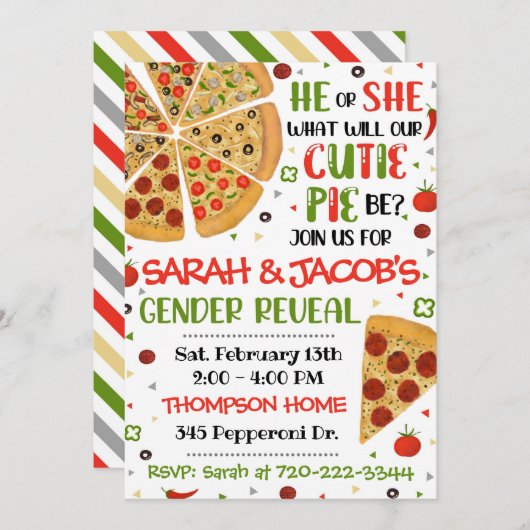 Pizza Geslacht Onthulling Uitnodiging, Geslacht On Kaart (Voorkant / Achterkant)