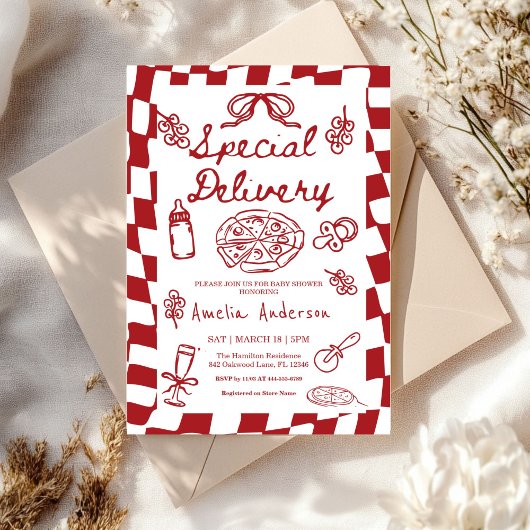 Pizza Hand Drawn Special Delivery Baby Shower Kaart