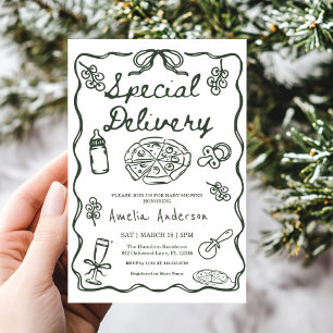 Pizza Hand Getekende Speciale Levering Baby Shower Kaart