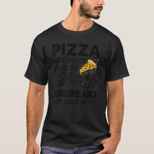Pizza is het veiligste antwoord als iemand 1 vraag t-shirt