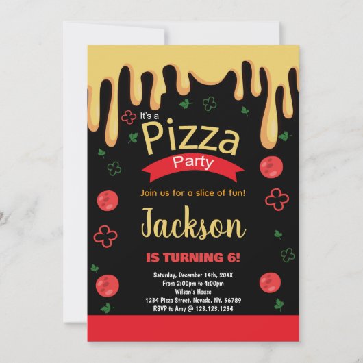 Pizza jaune rouge vert Invitations Anniversaire (Devant)