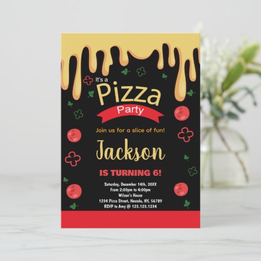 Pizza jaune rouge vert Invitations Anniversaire (Debout devant)