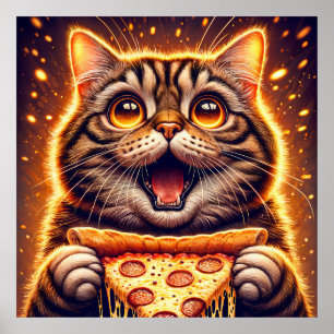 Pizza-liefhebbende kat met brede ogen poster