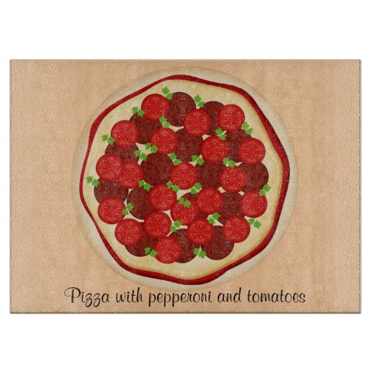 Pizza met pepperoni en tomaten snijplank (Voorkant)