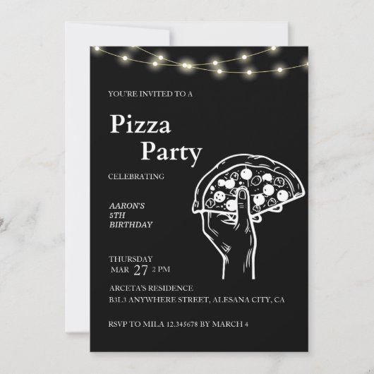 Pizza minimaliste moderne noire Invitation d'anniv (Devant)