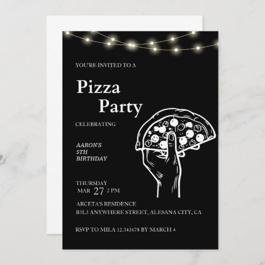 Pizza minimaliste moderne noire Invitation d'anniv (Devant / Derrière)