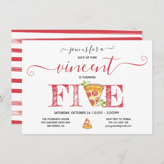 Pizza Party 5E anniversaire Invitation moderne (Devant / Derrière)