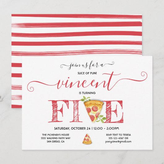 Pizza Party 5th Birthday Modern Invitation Kaart (Voorkant / Achterkant)