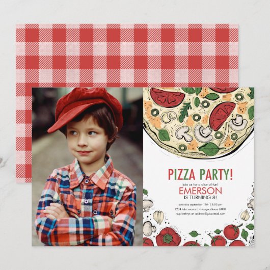 Pizza Party Anniversaire Photo Invitation (Devant / Derrière)