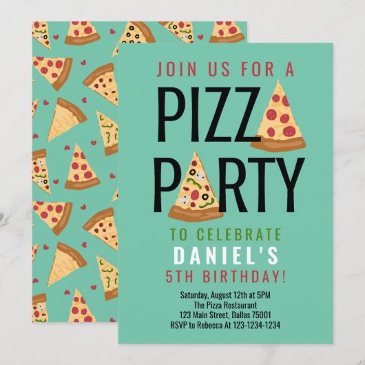 Pizza Party Birthday Invitation Kaart (Voorkant / Achterkant)