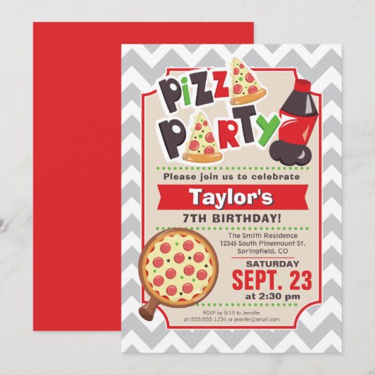 Pizza Party Birthday Invitation Kaart (Voorkant / Achterkant)