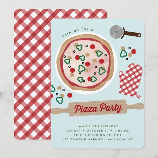 Pizza Party Birthday Invitation Kaart (Voorkant / Achterkant)