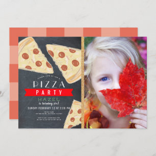 Pizza Party Chalkboard Red Gingham Foto Birthday Kaart