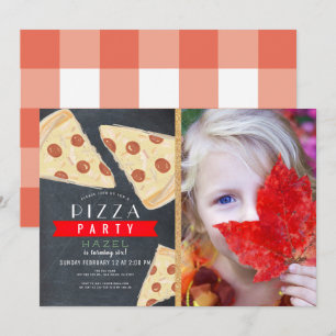 Pizza Party Krijtbord Red Gingham Foto Verjaardag Kaart