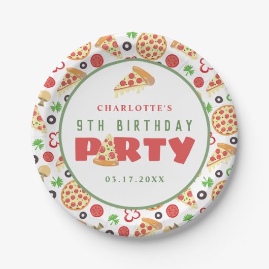 Pizza Party Modern Custom Age Kids Verjaardag Scha Papieren Bordje (Voorkant)