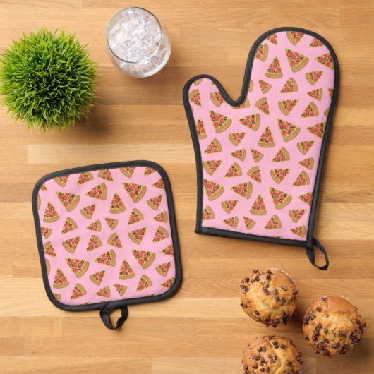 Pizza Party Patroon Roze Ovenwant & Pannenlap Set (Top down)