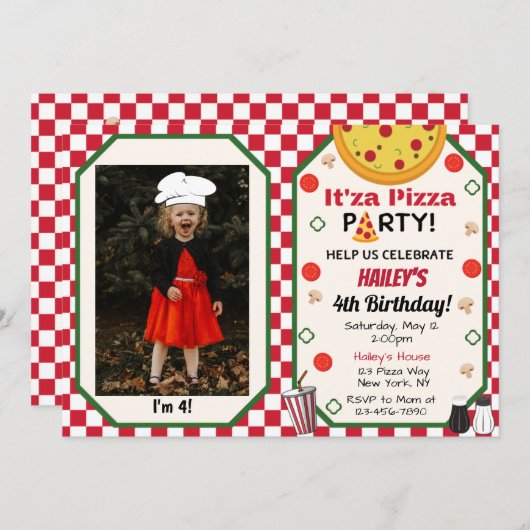 Pizza Party Photo Invitation (Devant / Derrière)