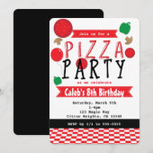 Pizza Party Rood Zwart & Witte Verjaardagsuitnodig Kaart (Voorkant / Achterkant)
