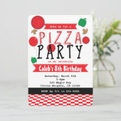Pizza Party Rood Zwart & Witte Verjaardagsuitnodig Kaart (Staand voorkant)