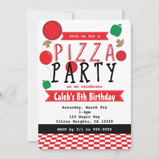 Pizza Party Rood Zwart & Witte Verjaardagsuitnodig Kaart (Voorkant)