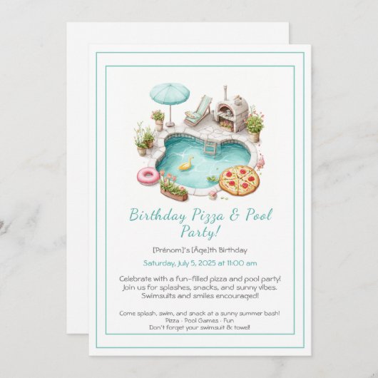 Pizza Pool Party Uitnodiging – Leuke zomerverjaard (Voorkant / Achterkant)
