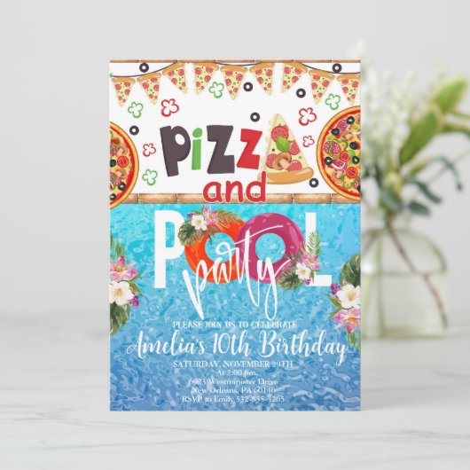 Pizza Pool Party Verjaardag, Pool Party Verjaardag Kaart (Staand voorkant)