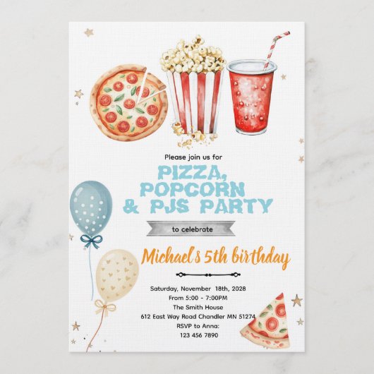Pizza popcorn and pajamas party invitation (Devant)