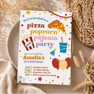 Pizza Popcorn en Pyjama Verjaardagsuitnodiging Kaart