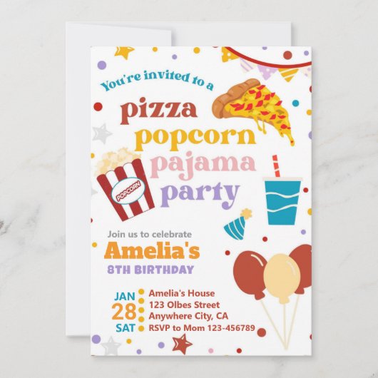 Pizza Popcorn et Pyjamas Invitation d'anniversaire (Devant)
