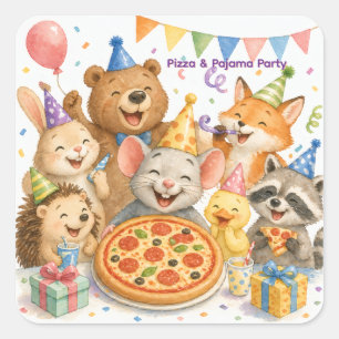 Pizza & Pyjama Feestje Schattige Dieren Vierkante Sticker
