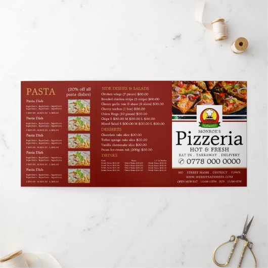 Pizza Restaurant, Pizzeria Menu Tri-Fold Flyer (Buitenkant)