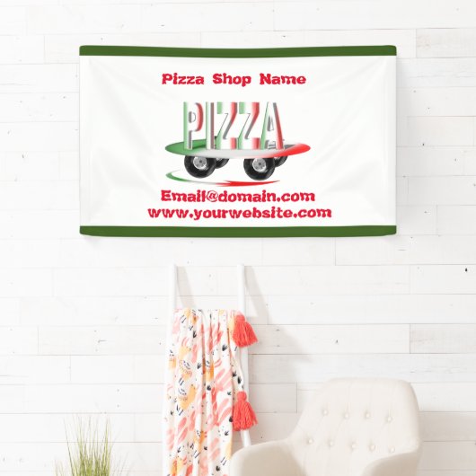 Pizza-service, rood groen, gepersonaliseerd spandoek (Insitu)