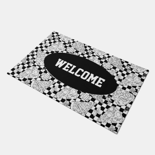 Pizza Slices Black White Checkered Chef Welcome Deurmat (Schuin)