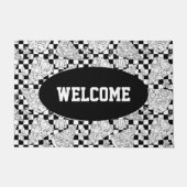 Pizza Slices Black White Checkered Chef Welcome Deurmat (Voorkant)