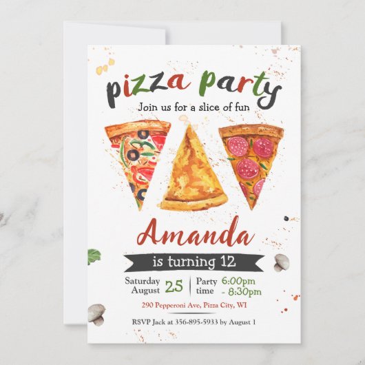 Pizza Verjaardag Uitnodiging, Pizza Party Kaart (Voorkant)