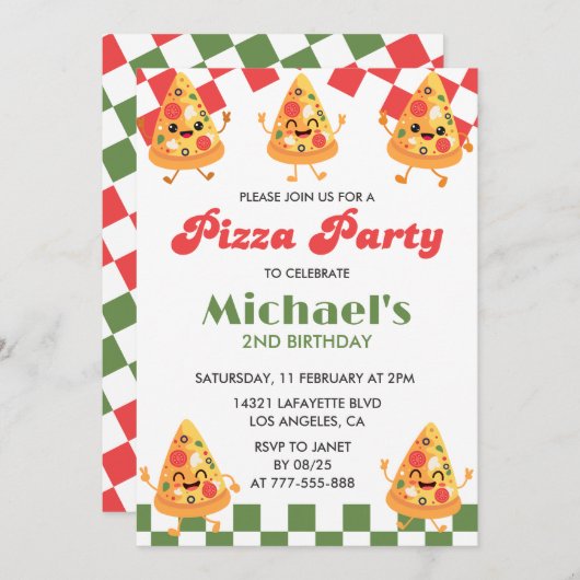 Pizza Verjaardag Uitnodigingen | Moderne Pizza Par (Voorkant / Achterkant)
