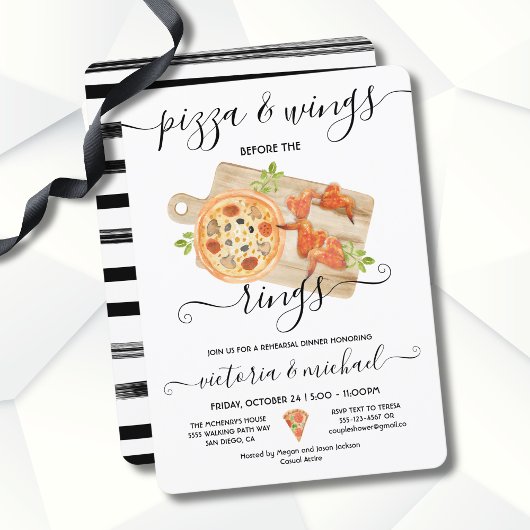 Pizza & Wings voor de ringen Rehearsal Dinner Kaart