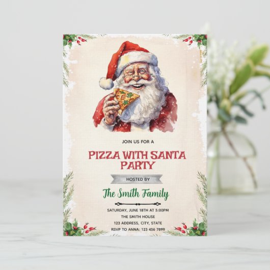 Pizza with Santa party invitation Kaart (Staand voorkant)