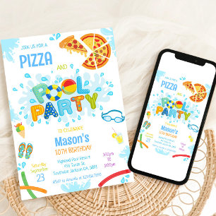 Pizza Zwembad Feest Verjaardagsuitnodiging Kaart