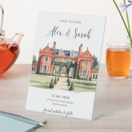 Plaats Save the Date Kaart Trouwlocatie Reclamebord Met Voetstuk